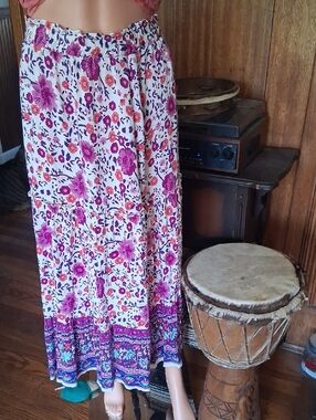 Simple Fun White Peasant Maxi Skirt with Pink and Orange Floral Print